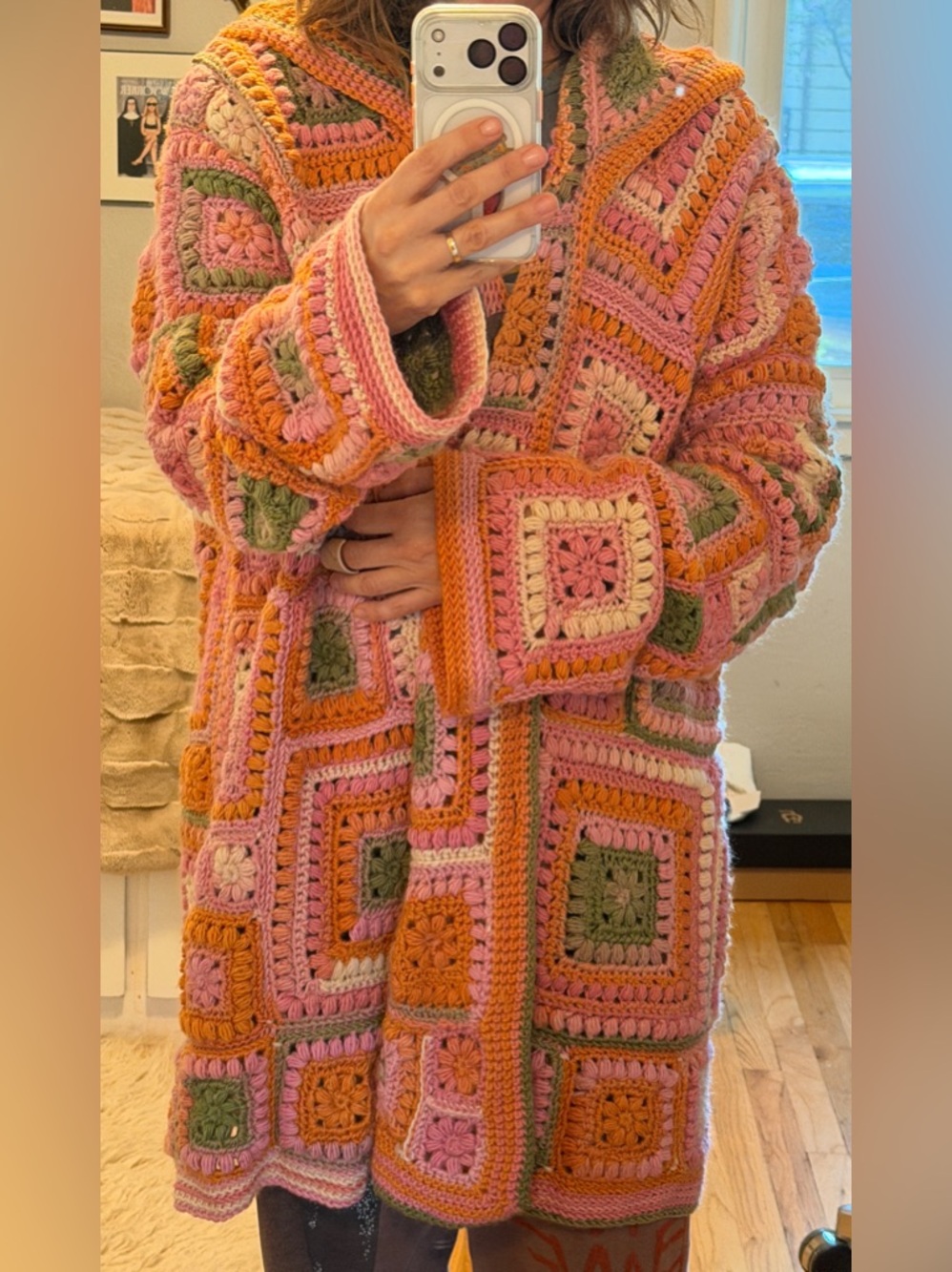 Handmade Granny Crochet Long Coat with Hood Woman Scramble Square Oversized